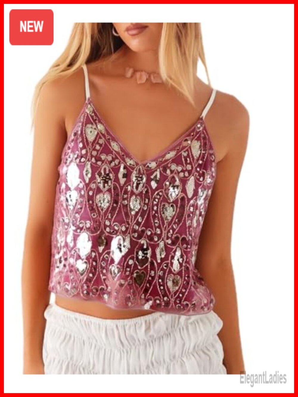 Sparkle Sequin Rhinestone Crop Cami Top Sleeveless Pearl Embellished Glitter